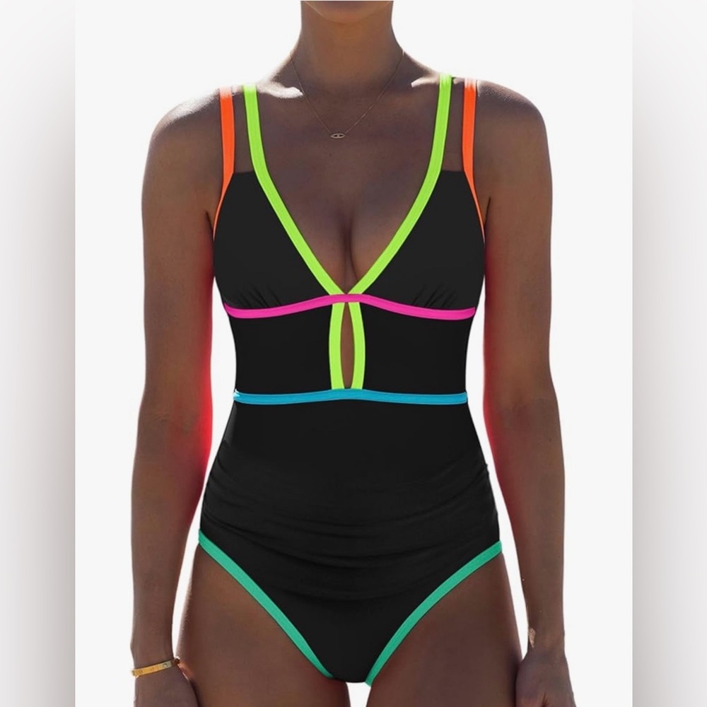 Popvil Neon Color Block One Piece Swimsuit V-Neck Tummy Control Size L NWT